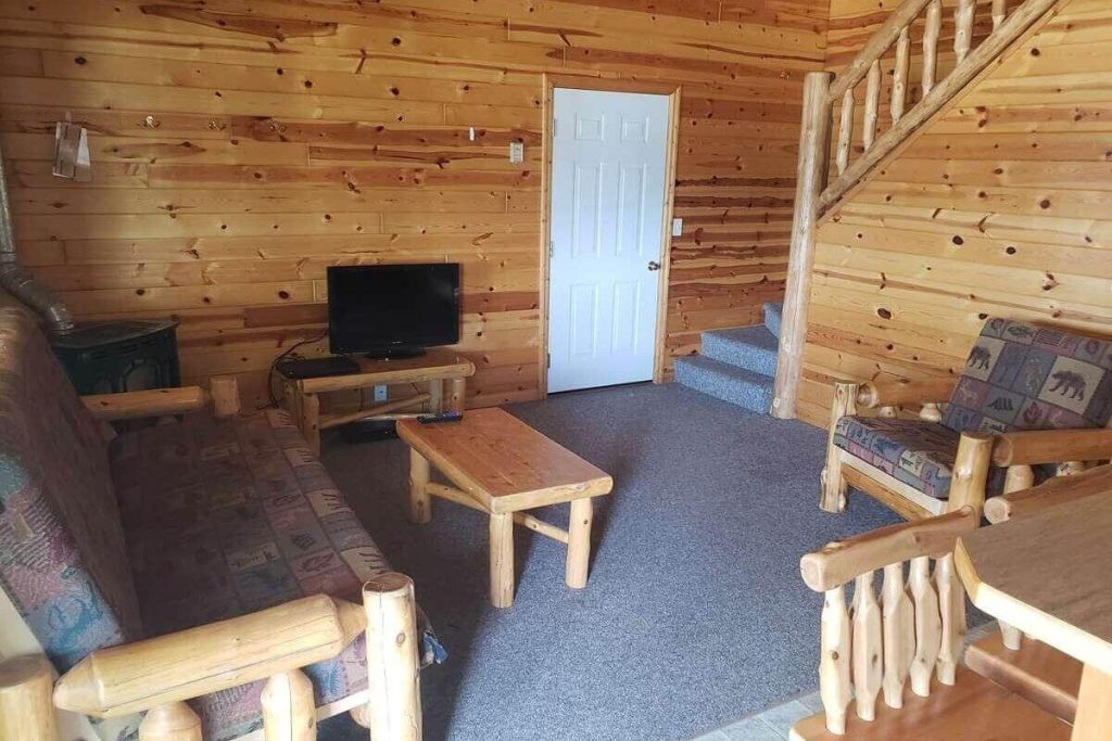 Cabin #19 - Living Room with Log Futon Couch and Gas Fireplace
