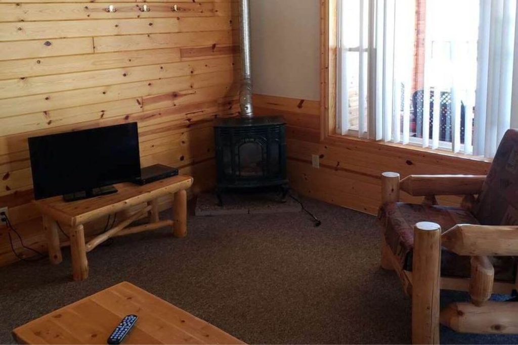 Cabin #18 - Living Room with Log Futon Couch and Gas Fireplace